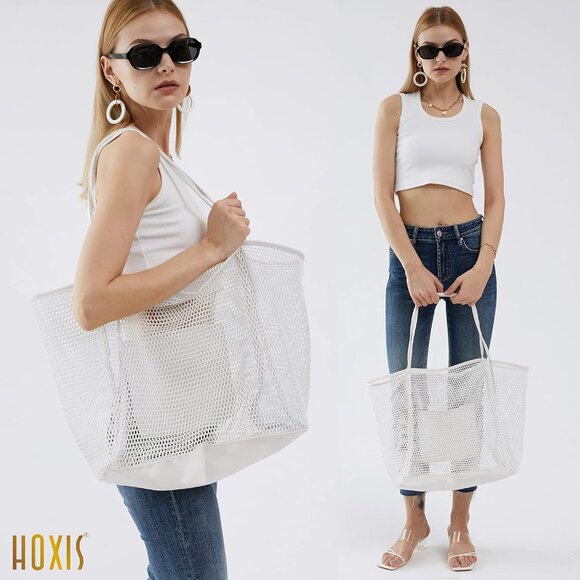 Women's White Mesh Beach Nylon & Polyester No-closure Tote Shoulder Handbag - Picture 5 of 7
